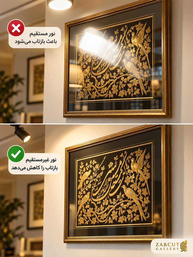 مقایسه انعکاس شدید نور روی شیشه تابلو طلاکوب با حالت کاهش انعکاس پس از اصلاح زاویه چراغ