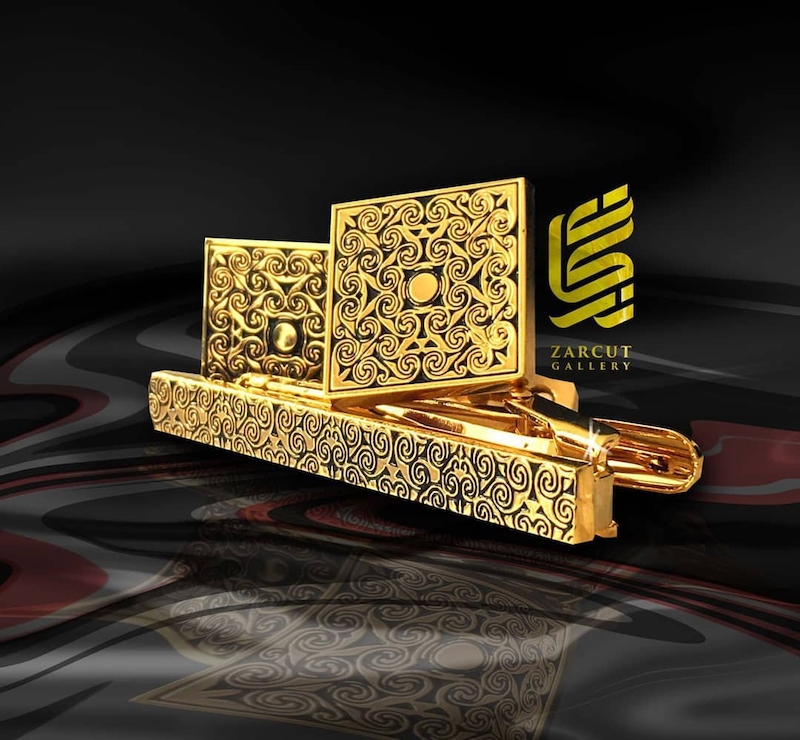 ست دکمه سردست و سنجاق کراوات طرح مصری 18 عیار
